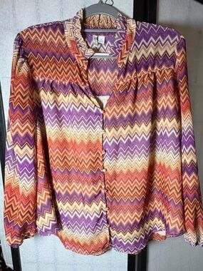 Cato V-neck Button-Up Shirt - Purple, Orange & Cream
